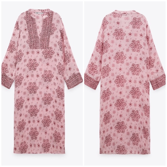 Zara printed midi slit dress size small pink NWT - Picture 3 of 16